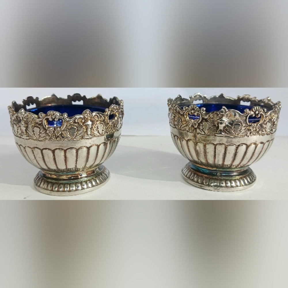 Raimond Silverplate Cobalt Blue Glass Salt Caviar Spice Cellars 1960s Set of Two